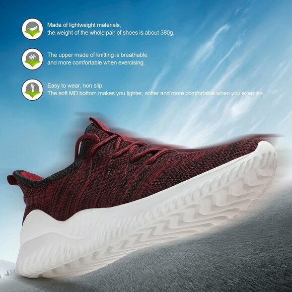 Men's Running Shoes Slip-on Walking Sneaker Lightweight Breathable Trainers Red - Picture 3 of 7